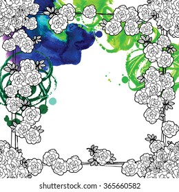Vector background with roses and watercolor decorative elements. Flower theme. Can be used as frame for greeting card or other cover background. Floral border for design.