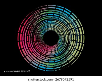Vector background of rotating ellipse 3D shapes, consisting of futuristic circle pattern and wavy lines with colorful gradations.	
