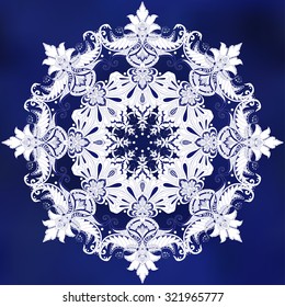 Vector background. Round floral oriental pattern and blue gradient mesh backdrop. 