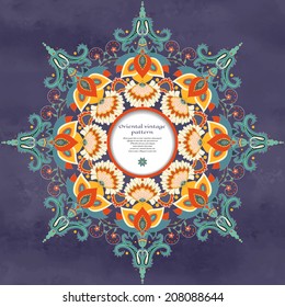 Vector background with a round frame for your text. Beautiful floral oriental pattern in vintage style.