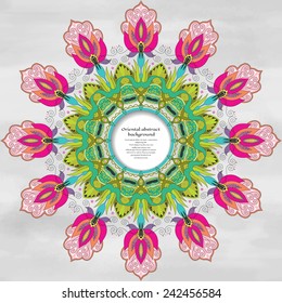Vector background with a round frame for your text. Beautiful floral oriental pattern. Watercolor background. Hand drawing.