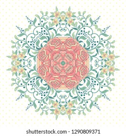 Vector background with round french roses patern and polks dots