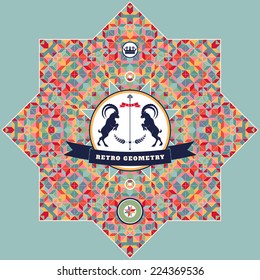 Vector background. Round geometric ornament of multicolored figures and grid. Beautiful  emblem with two goats and ribbon for your text.