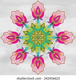 Vector background with a round ornament. Beautiful floral fantastic oriental pattern. Watercolor hand drawing.
