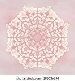 Vector background. Round silhouette of a bouquet victorian garden roses on watercolor backdrop. Hand drawing in vintage style.