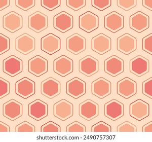 Vector background. Rounded hexagons mosaic cells with padding and inner solid cells. Orange color tones. Large hexagon shapes. Tileable pattern. Seamless vector illustration.