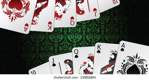 Vector background. Royal flush in spades and hearts on damask pattern.