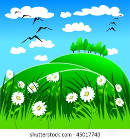 Vector background with rural landscapes and daisies