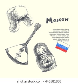 Vector background with russian symbols. hand drawn graphic illustration with earflaps, balalaika and matryoshka.