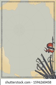 Vector background with sabers, pistols, old map and place for text. Vintage illustration on the theme of travel, adventure and discovery. Empty pirates treasure map with hand drawn frame, weapon, flag