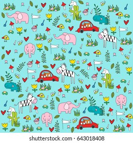 Vector background of a safari with wild animals. Cartoon animals. Cartoon character. a toy. Elephant, zebra, hippopotamus. Can be printed on fabric