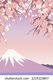 Vector background with sakura branches and mountain in the background.