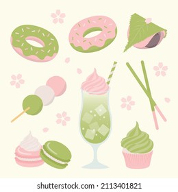 vector background with Sakura and Matcha sweets for banners, cards, flyers, social media wallpapers, etc.