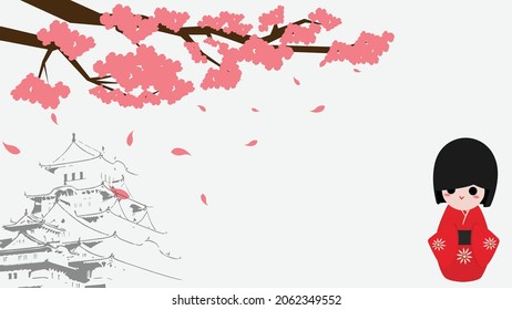 Fondo vectorial con un árbol sakura, castillo Himeji, muñeca kokeshi y espacio para copiar. Adecuado para el Día de la Cultura de Japón, o cualquier otro día de celebración con ese tema