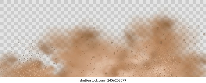 Vector background of a sand explosion with dirt and cloud smoke. Brown sandstorm splash and  dirty ground with a textured wind effect.Yellow flying particles and stone.