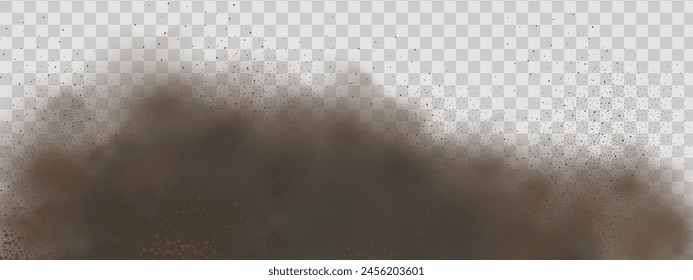 Vector background of a sand explosion with dirt and cloud smoke. Brown sandstorm splash and  dirty ground with a textured wind effect.Yellow flying particles and stone.
