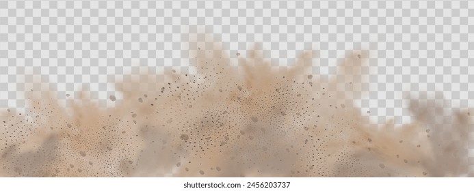 Vector background of a sand explosion with dirt and cloud smoke. Brown sandstorm splash and  dirty ground with a textured wind effect.Yellow flying particles and stone.