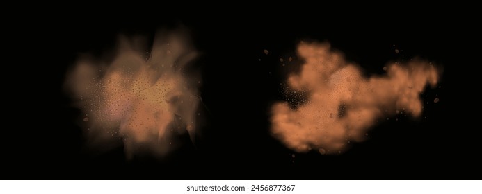 Vector background of a sand explosion with dirt and cloud smoke. Brown sandstorm splash and  dirty ground with a textured wind effect.Yellow flying particles and stone.