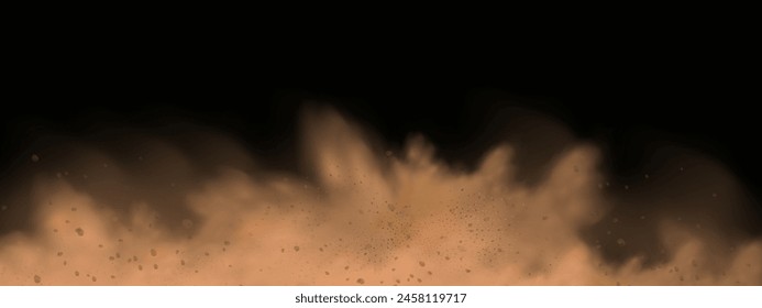 Fondo de Vector de una explosión de arena con suciedad y humo de nube. Salpicadura de tormenta de arena marrón y tierra sucia con un efecto de viento texturizado. Partículas voladoras amarillas y piedra.