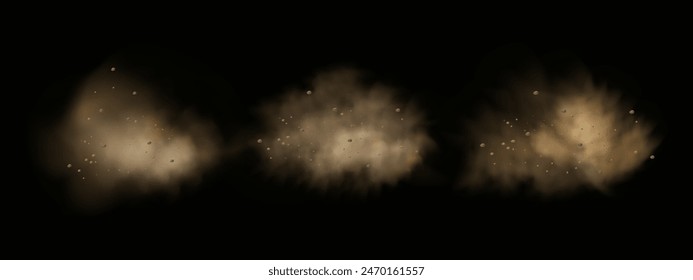 Fondo de Vector de una explosión de arena con suciedad y humo de nube. Salpicadura de tormenta de arena marrón y tierra sucia con un efecto de viento texturizado. Partículas voladoras amarillas y piedra.