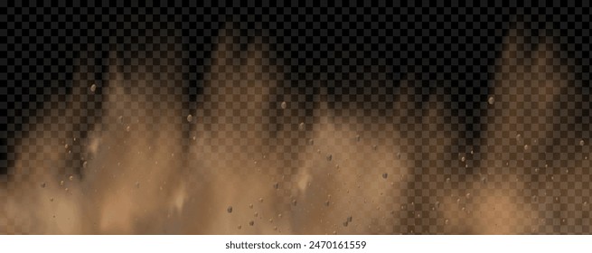 Vector background of a sand explosion with dirt and cloud smoke. Brown sandstorm splash and  dirty ground with a textured wind effect.Yellow flying particles and stone.