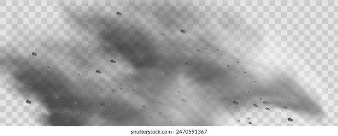 Vector background of a sand explosion with dirt and cloud smoke. Brown sandstorm splash and  dirty ground with a textured wind effect.Yellow flying particles and stone.