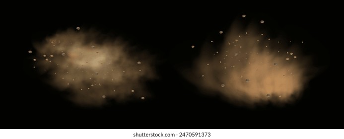 Vector background of a sand explosion with dirt and cloud smoke. Brown sandstorm splash and  dirty ground with a textured wind effect.Yellow flying particles and stone.