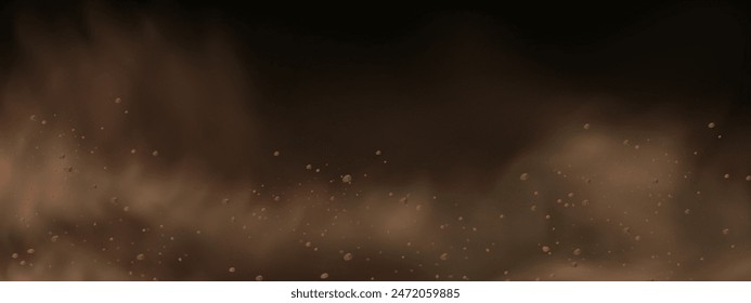 Vector background of a sand explosion with dirt and cloud smoke. Brown sandstorm splash and  dirty ground with a textured wind effect.Yellow flying particles and stone.