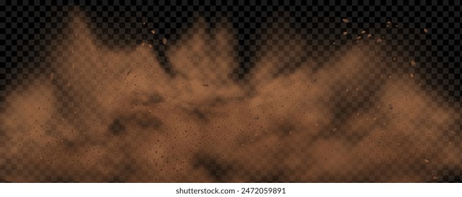 Vector background of a sand explosion with dirt and cloud smoke. Brown sandstorm splash and  dirty ground with a textured wind effect.Yellow flying particles and stone.