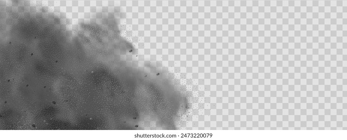 Vector background of a sand explosion with dirt and cloud smoke. Brown sandstorm splash and  dirty ground with a textured wind effect.Yellow flying particles and stone.