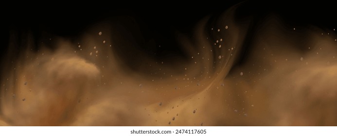 Fondo de Vector de una explosión de arena con suciedad y humo de nube. Salpicadura de tormenta de arena marrón y tierra sucia con un efecto de viento texturizado. Partículas voladoras amarillas y piedra.