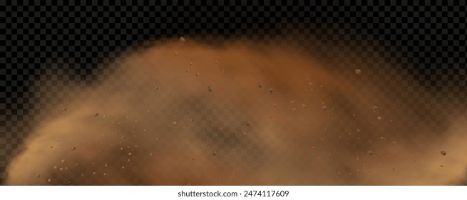 Vector background of a sand explosion with dirt and cloud smoke. Brown sandstorm splash and  dirty ground with a textured wind effect.Yellow flying particles and stone.