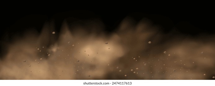 Vector background of a sand explosion with dirt and cloud smoke. Brown sandstorm splash and  dirty ground with a textured wind effect.Yellow flying particles and stone.