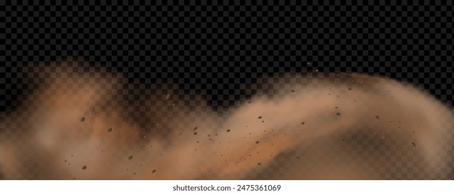 Vector background of a sand explosion with dirt and cloud smoke. Brown sandstorm splash and  dirty ground with a textured wind effect.Yellow flying particles and stone.
