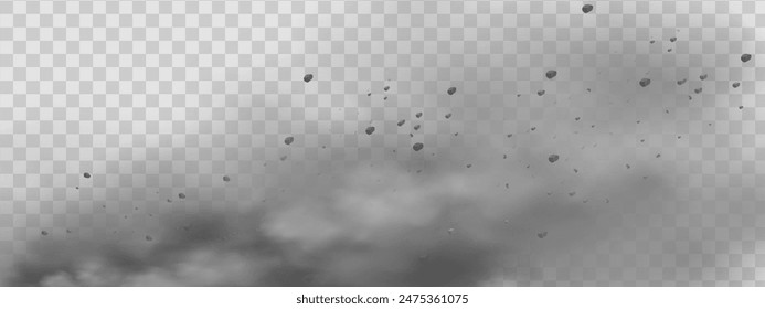 Vector background of a sand explosion with dirt and cloud smoke. Brown sandstorm splash and  dirty ground with a textured wind effect.Yellow flying particles and stone.