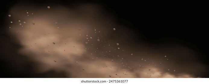 Fondo de Vector de una explosión de arena con suciedad y humo de nube. Salpicadura de tormenta de arena marrón y tierra sucia con un efecto de viento texturizado. Partículas voladoras amarillas y piedra.