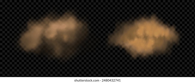 Vector background of a sand explosion with dirt and cloud smoke. Brown sandstorm splash and  dirty ground with a textured wind effect.Yellow flying particles and stone.