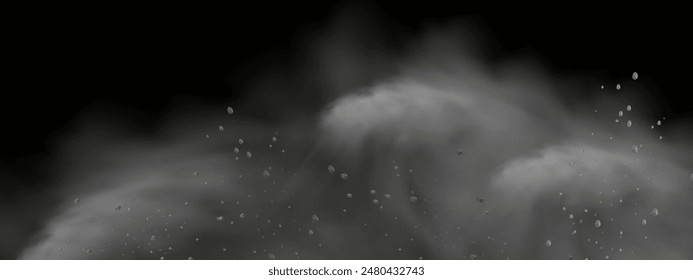 Vector background of a sand explosion with dirt and cloud smoke. Brown sandstorm splash and  dirty ground with a textured wind effect.Yellow flying particles and stone.