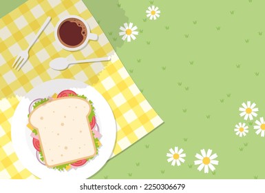 vector background with a sandwich, coffee on a picnic blanket for banners, cards, flyers, social media wallpapers, etc.