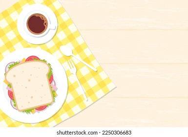 fondo vectorial con un sándwich, café en una mesa para carteles, tarjetas, volantes, fondos de pantalla de medios sociales, etc.