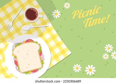 vector background with a sandwich, coffee on a picnic blanket for banners, cards, flyers, social media wallpapers, etc.