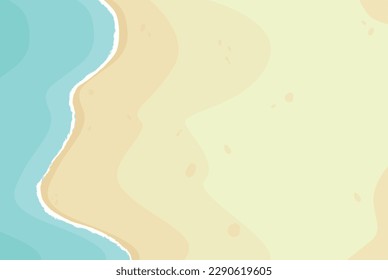 Vector background of a sandy beach with azure foamy wave. An element for vacation trip design. Close-up of sand and sea, top view.