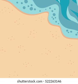 Vector background of a sandy beach with azure foamy wave. An element for vacation trip design. Close-up of sand and sea, top view.