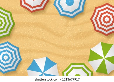 Vector background. Sandy beach and colorful sun umbrellas. Top view. Summer vacation banner background with place for text. Summer beach. View from above.