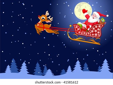 Vector background with  Santa Claus flying his sleigh through the night sky.  Layered file for easier editing.