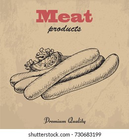 Vector background of sausages with tomato. Vector illustration for your design