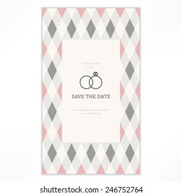 Vector background. Save the date, vintage wedding invitation card design template with seamless geometric pattern