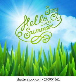 Vector background, say hello to summer, sun over clouds and grass