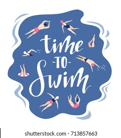 Vector background in scandinavian style swimmers in and lettering - Time to travel. Hand drawn print with  swimming pool for t-shirt design.