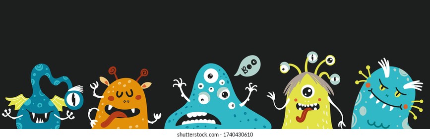 Vector background with scary funny monsters. Happy Halloween background.